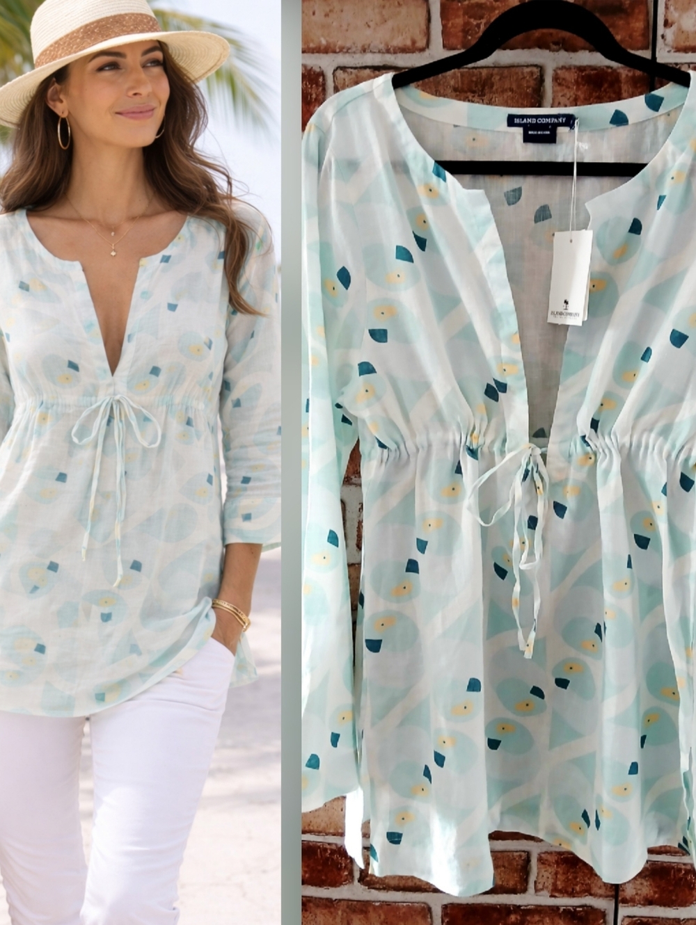 Parrot Print ISLAND COMPANY Coastal BEACHY LINEN TUNIC Empire TOP Women's SIZE L